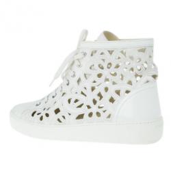 Pre Owned Chanel White Flower Cutout Leather High Top Sneakers Size 41