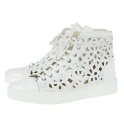 Pre Owned Chanel White Flower Cutout Leather High Top Sneakers Size 41