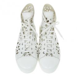 Pre Owned Chanel White Flower Cutout Leather High Top Sneakers Size 41