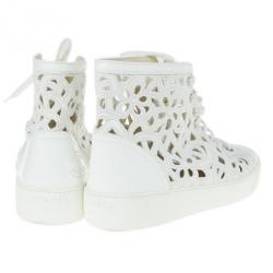 Pre Owned Chanel White Flower Cutout Leather High Top Sneakers Size 41