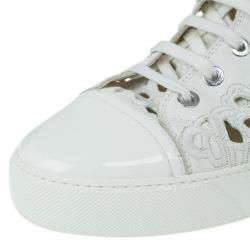 Pre Owned Chanel White Flower Cutout Leather High Top Sneakers Size 41