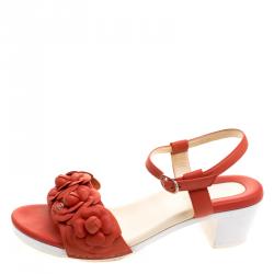 Chanel Orange Leather Camellia Embellished Ankle Strap Sandals Size 38