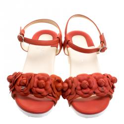 Chanel Orange Leather Camellia Embellished Ankle Strap Sandals Size 38