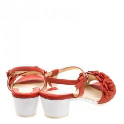 Chanel Orange Leather Camellia Embellished Ankle Strap Sandals Size 38