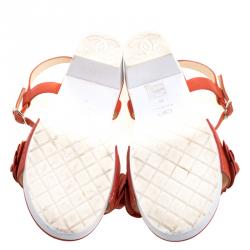 Chanel Orange Leather Camellia Embellished Ankle Strap Sandals Size 38