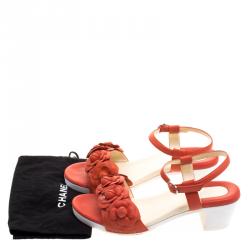 Chanel Orange Leather Camellia Embellished Ankle Strap Sandals Size 38