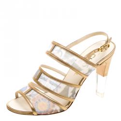 Chanel Floral Printed Mesh and Leather Open Toe Strappy Sandals Size 37.5