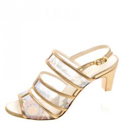 Chanel Floral Printed Mesh and Leather Open Toe Strappy Sandals Size 37.5