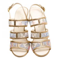 Chanel Floral Printed Mesh and Leather Open Toe Strappy Sandals Size 37.5