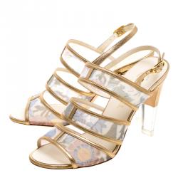 Chanel Floral Printed Mesh and Leather Open Toe Strappy Sandals Size 37.5