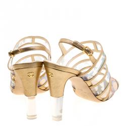 Chanel Floral Printed Mesh and Leather Open Toe Strappy Sandals Size 37.5