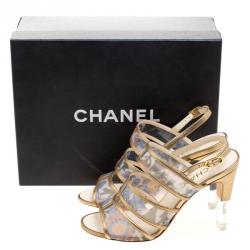 Chanel Floral Printed Mesh and Leather Open Toe Strappy Sandals Size 37.5