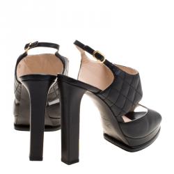 Pre Owned Chanel Black Quilted Detail Leather CC Ankle Strap Platform Sandals Size 41.5