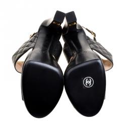 Pre Owned Chanel Black Quilted Detail Leather CC Ankle Strap Platform Sandals Size 41.5
