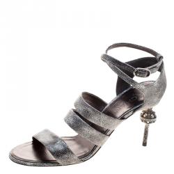Pre Owned Chanel Metallic Silver Leather Fan Goa Ankle Strap Sandals Size 39