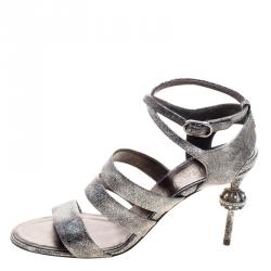 Pre Owned Chanel Metallic Silver Leather Fan Goa Ankle Strap Sandals Size 39