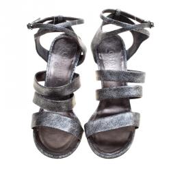 Pre Owned Chanel Metallic Silver Leather Fan Goa Ankle Strap Sandals Size 39