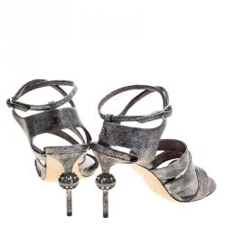 Pre Owned Chanel Metallic Silver Leather Fan Goa Ankle Strap Sandals Size 39