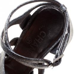 Pre Owned Chanel Metallic Silver Leather Fan Goa Ankle Strap Sandals Size 39