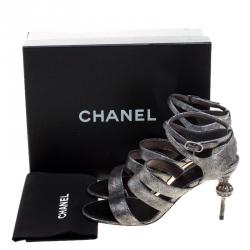 Pre Owned Chanel Metallic Silver Leather Fan Goa Ankle Strap Sandals Size 39