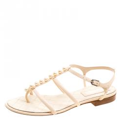 Chanel White Leather Faux Pearl Thong Sandals Size 39