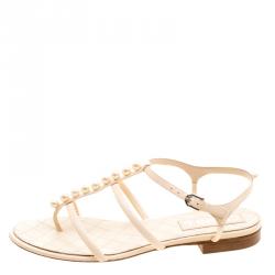 Chanel White Leather Faux Pearl Thong Sandals Size 39