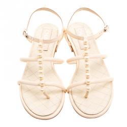 Chanel White Leather Faux Pearl Thong Sandals Size 39