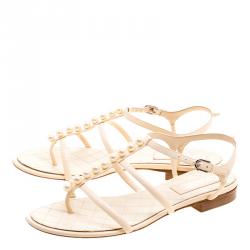 Chanel White Leather Faux Pearl Thong Sandals Size 39
