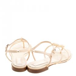 Chanel White Leather Faux Pearl Thong Sandals Size 39