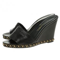 Chanel Black Leather Chain Me Wedge Slides Size 37.5