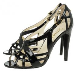 مملوكة مسبقًا Chanel Black Patent Strappy Sandals Size 37.5