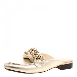 Chanel Metallic Gold Leather Braided Chain Mule Slides Size 39