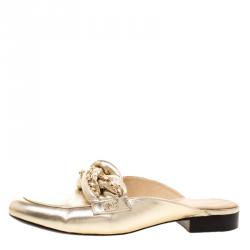 Chanel Metallic Gold Leather Braided Chain Mule Slides Size 39