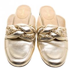Chanel Metallic Gold Leather Braided Chain Mule Slides Size 39