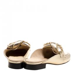 Chanel Metallic Gold Leather Braided Chain Mule Slides Size 39