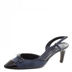 Chanel Blue Canvas and Black Leather Cap Toe Slingback Sandals Size 40