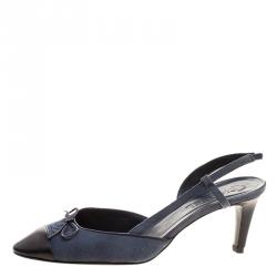 Chanel Blue Canvas and Black Leather Cap Toe Slingback Sandals Size 40