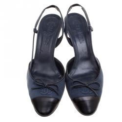 Chanel Blue Canvas and Black Leather Cap Toe Slingback Sandals Size 40