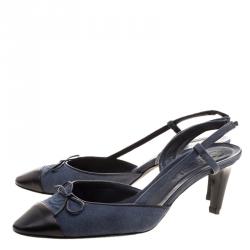 Chanel Blue Canvas and Black Leather Cap Toe Slingback Sandals Size 40