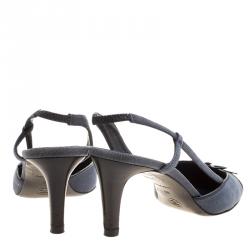 Chanel Blue Canvas and Black Leather Cap Toe Slingback Sandals Size 40