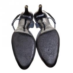 Chanel Blue Canvas and Black Leather Cap Toe Slingback Sandals Size 40