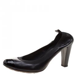 Pre Owned Chanel Black Leather Cap Toe Scrunch Ballet Pumps Size 39.5