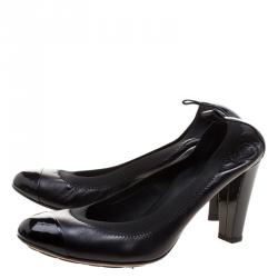 Pre Owned Chanel Black Leather Cap Toe Scrunch Ballet Pumps Size 39.5