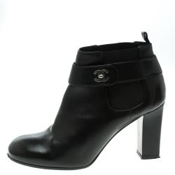 Chanel Black Leather CC Ankle Boots Size 38.5