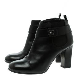 Chanel Black Leather CC Ankle Boots Size 38.5