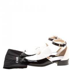 Pre Owned Chanel Monochrome Leather Ankle Strap Cutout Loafers Size 39.5