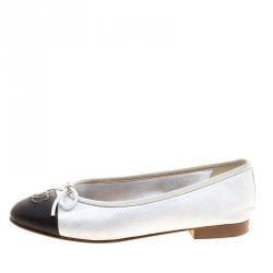 Pre Owned Chanel Metallic Monochrome Embossed Leather CC Cap Toe Bow Ballet Flats Size 36