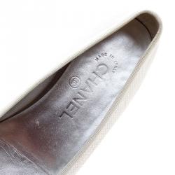 Pre Owned Chanel Metallic Monochrome Embossed Leather CC Cap Toe Bow Ballet Flats Size 36