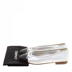 Pre Owned Chanel Metallic Monochrome Embossed Leather CC Cap Toe Bow Ballet Flats Size 36