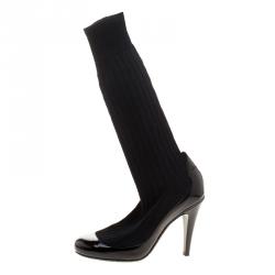 مملوكة مسبقًا Chanel Black Patent Leather and Sock Knee Boots Size 37